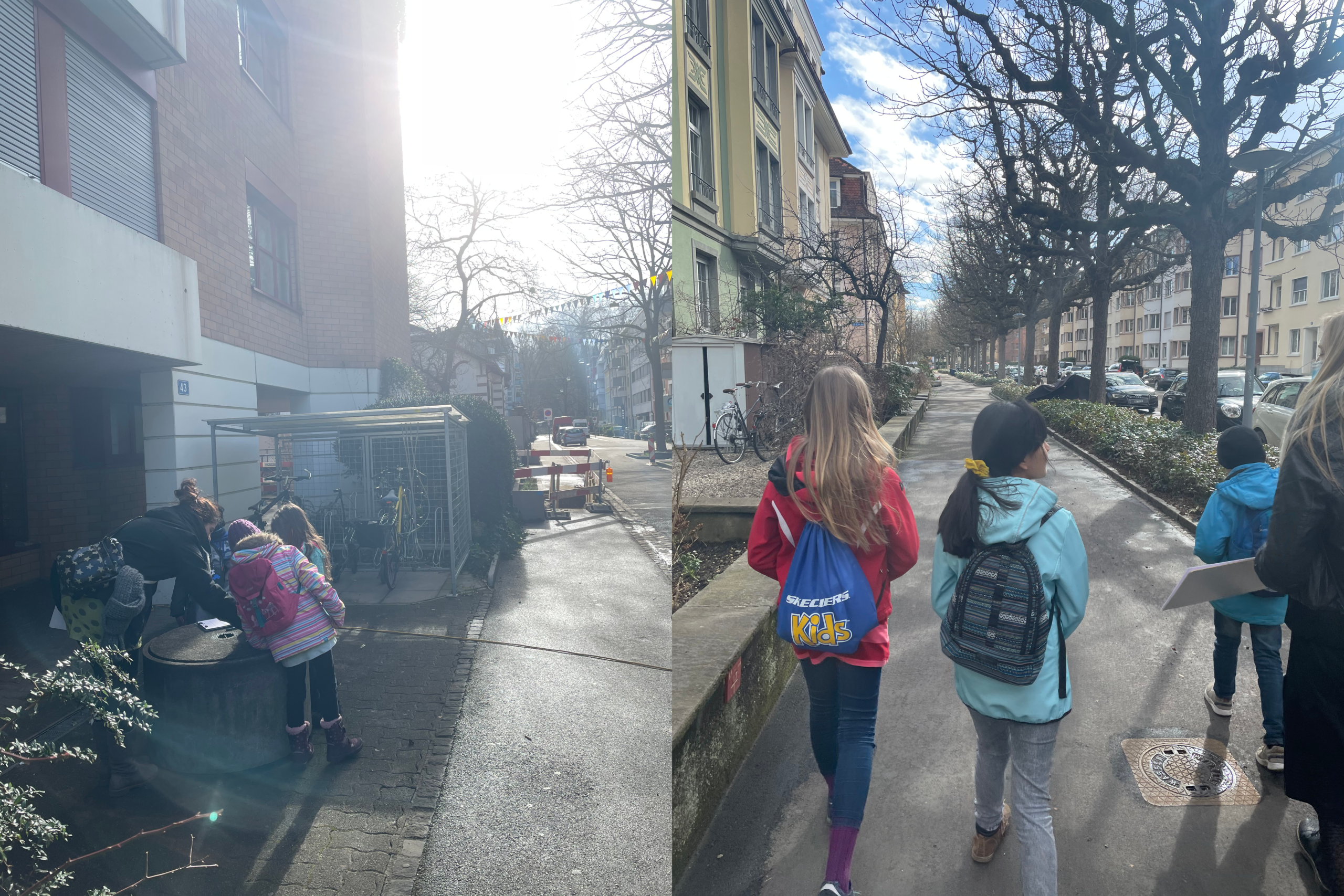 (links) Kinderexpert:innen besprechen Lösungsansätze gemeinsam mit einer Verkehrsexpertin; (rechts) Kinderexpert:innen auf einer gemeinsamen Begehung