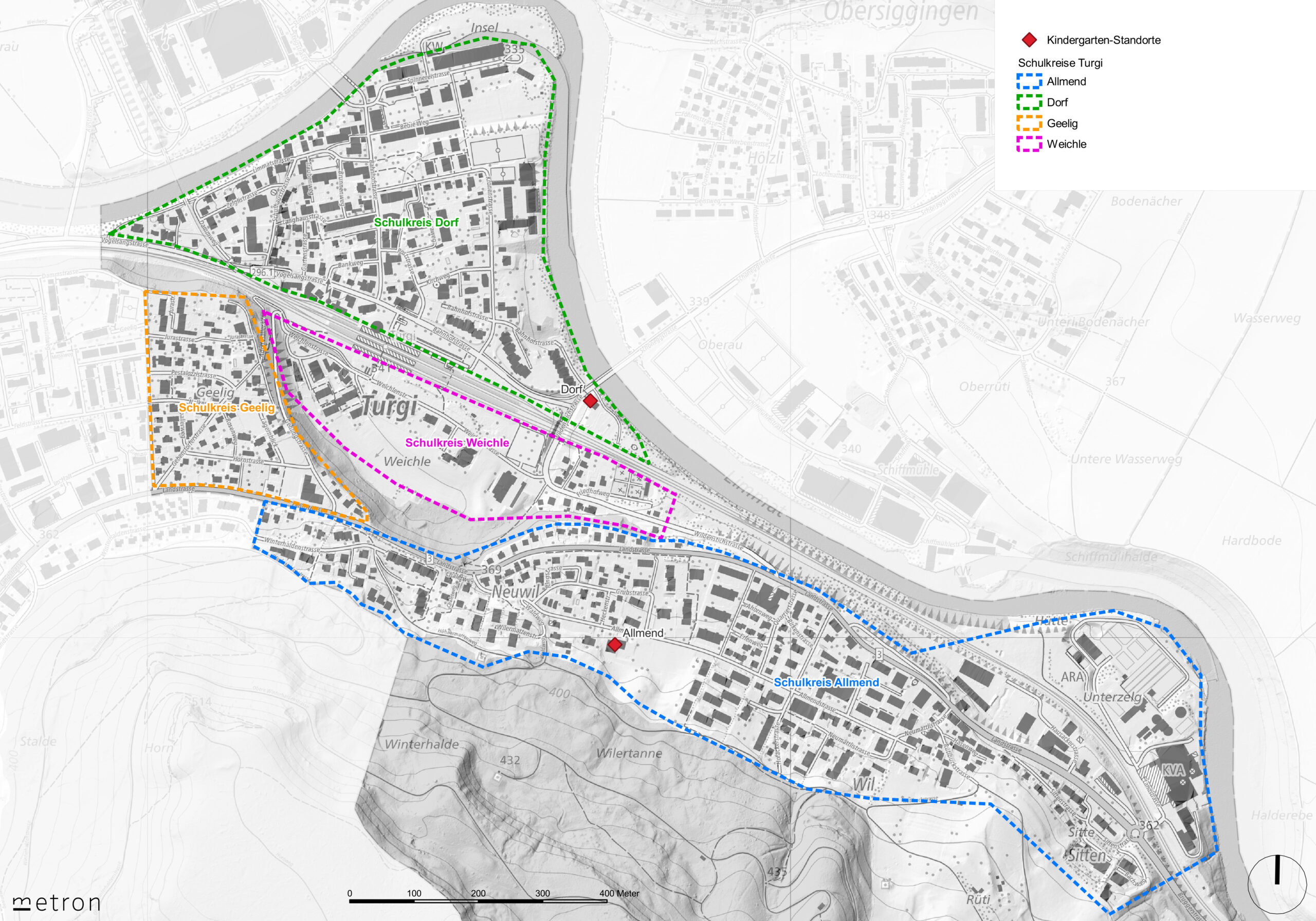 GIS-Karte zum Schulkreis und Kindergartenstandorte in Turgi